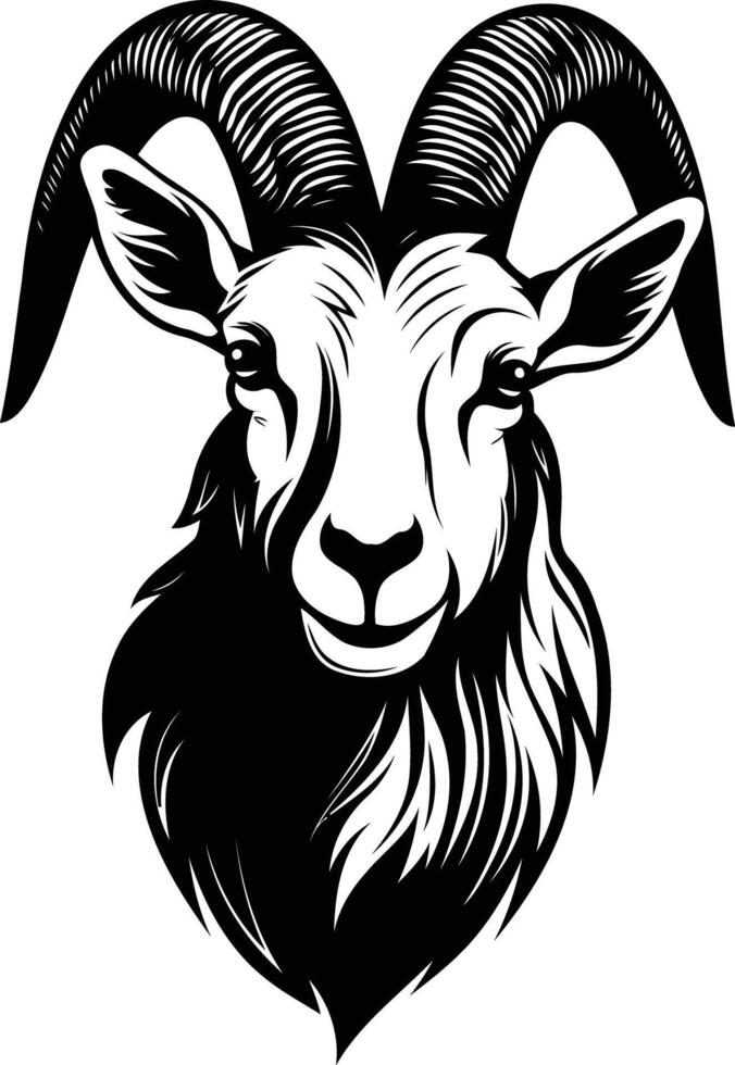 Black and white illustration of a goat's head, perfect for tattoo designs, apparel, or branding vector