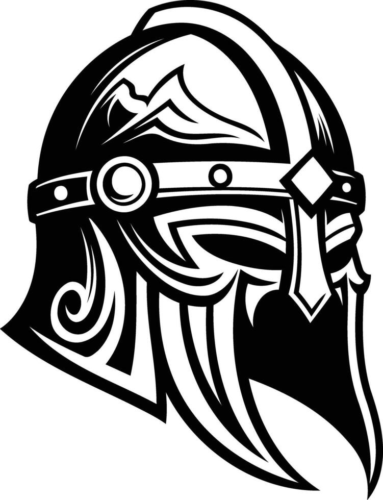 A detailed black and white illustration of a viking helmet, perfect for tattoos, logos, and branding vector