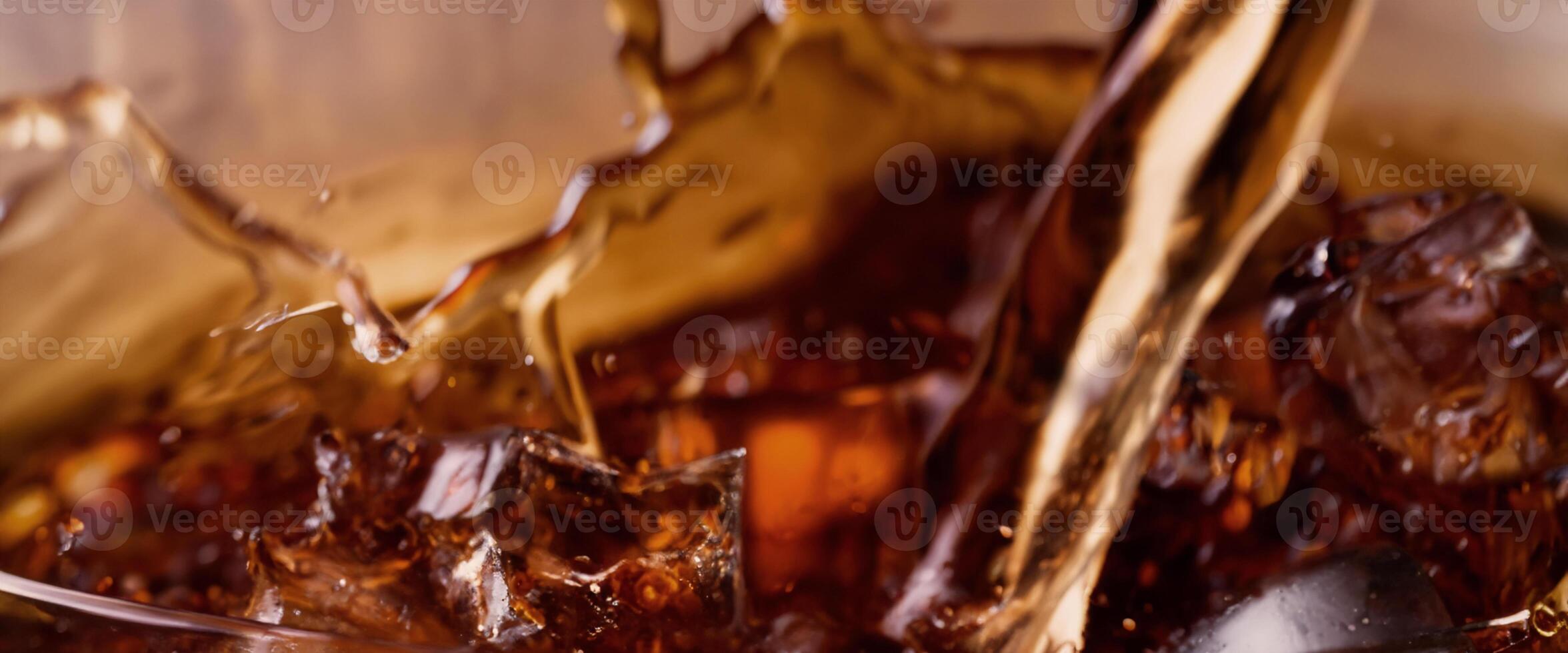 Cola soda and ice splashing fizzing or floating up to top of surface photo