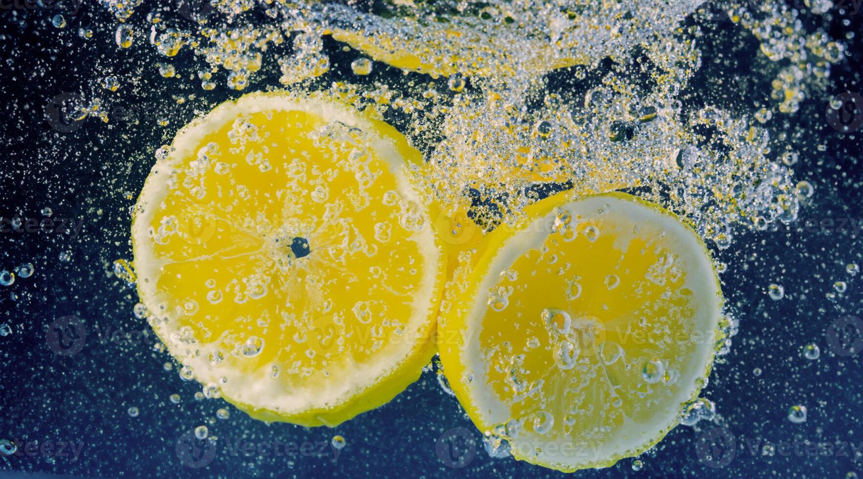 Underwater lemon slice in soda water or lemonade with bubbles. photo