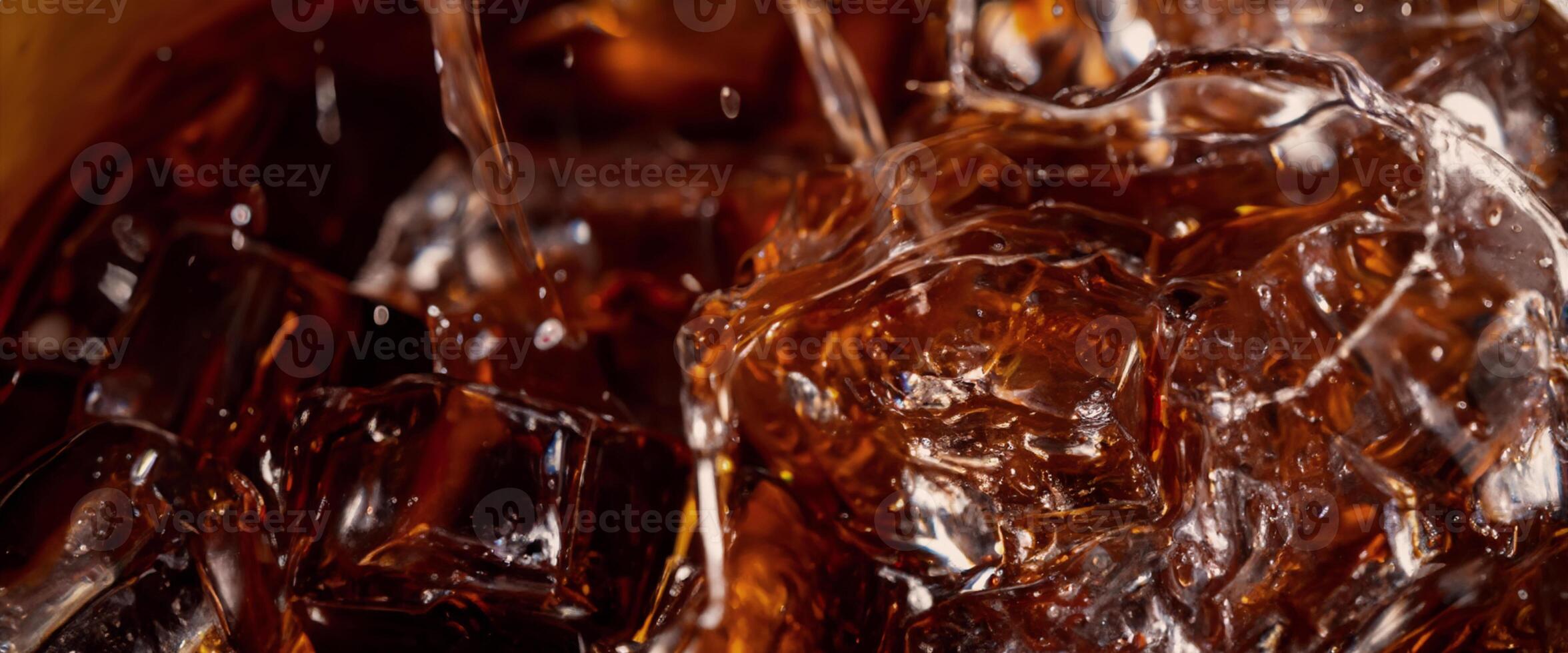 Cola soda and ice splashing fizzing or floating up to top of surface photo