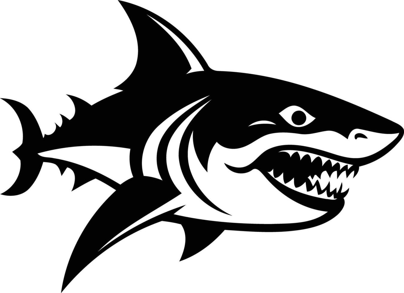 A fierce and aggressive black and white illustration of a shark's head, perfect for branding, logos, and sports designs vector