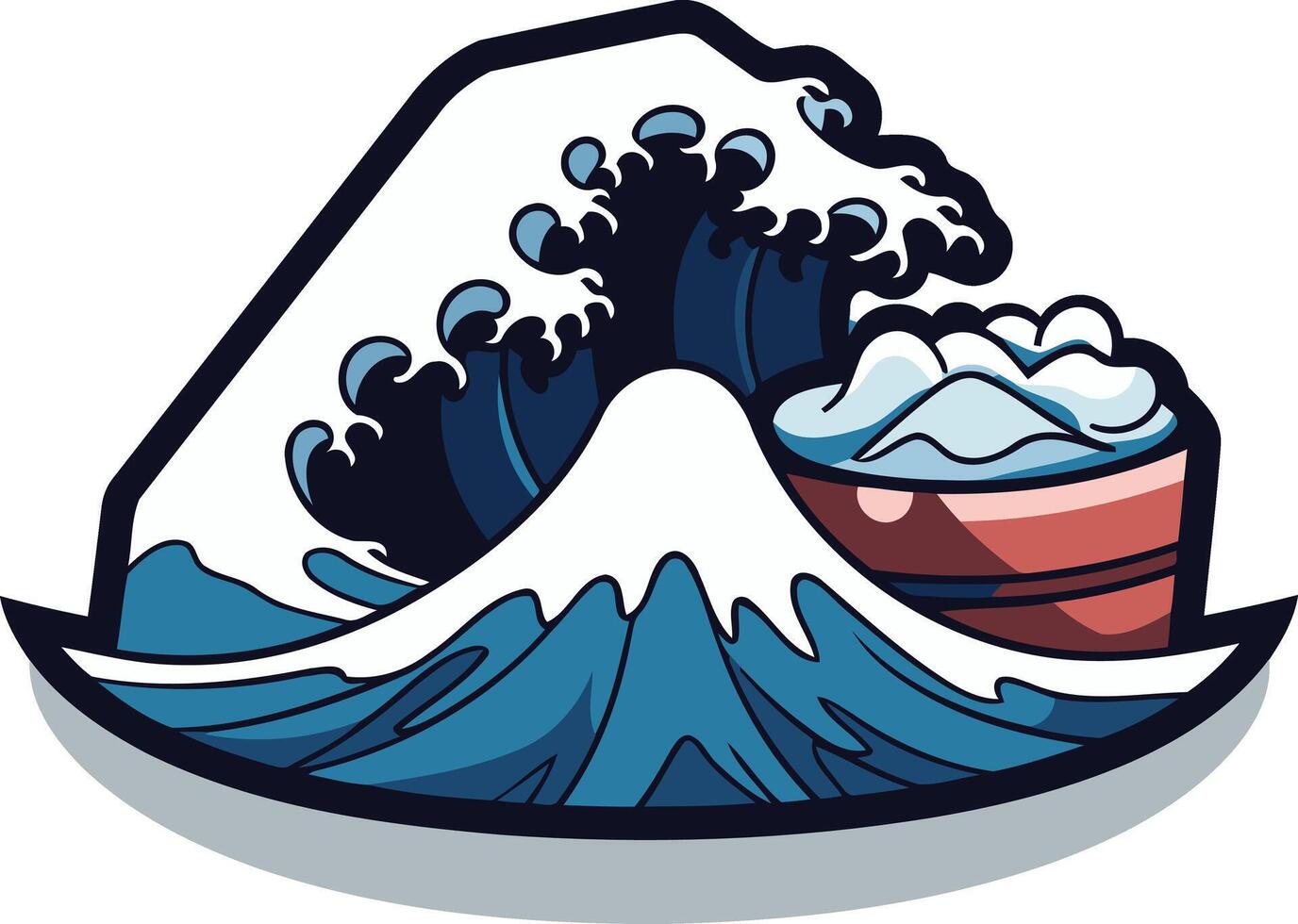 A playful and modern illustration of mount fuji with a giant wave and a red bucket, perfect for branding or designs related to japan, culture, travel, and adventure vector
