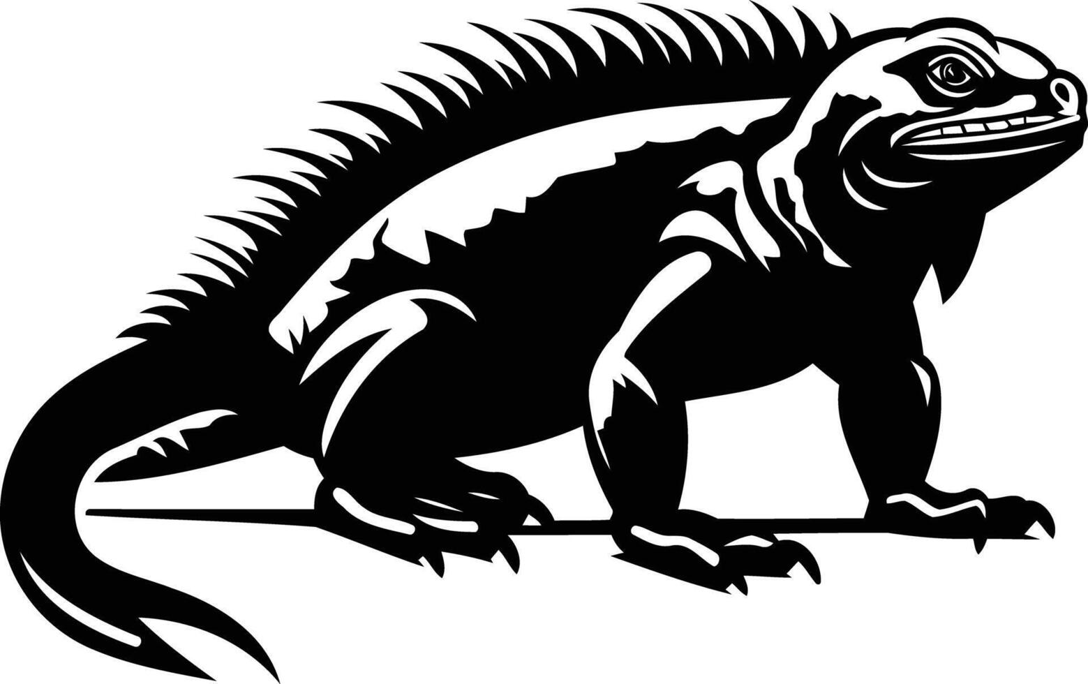 A bold, black and white silhouette of an iguana lizard, perfect for logos, t-shirts, and branding vector