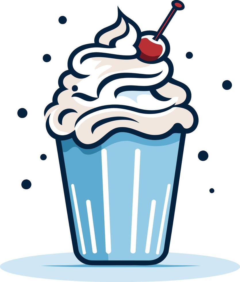 A whimsical cartoon illustration of a blue cupcake with white frosting and a red cherry vector
