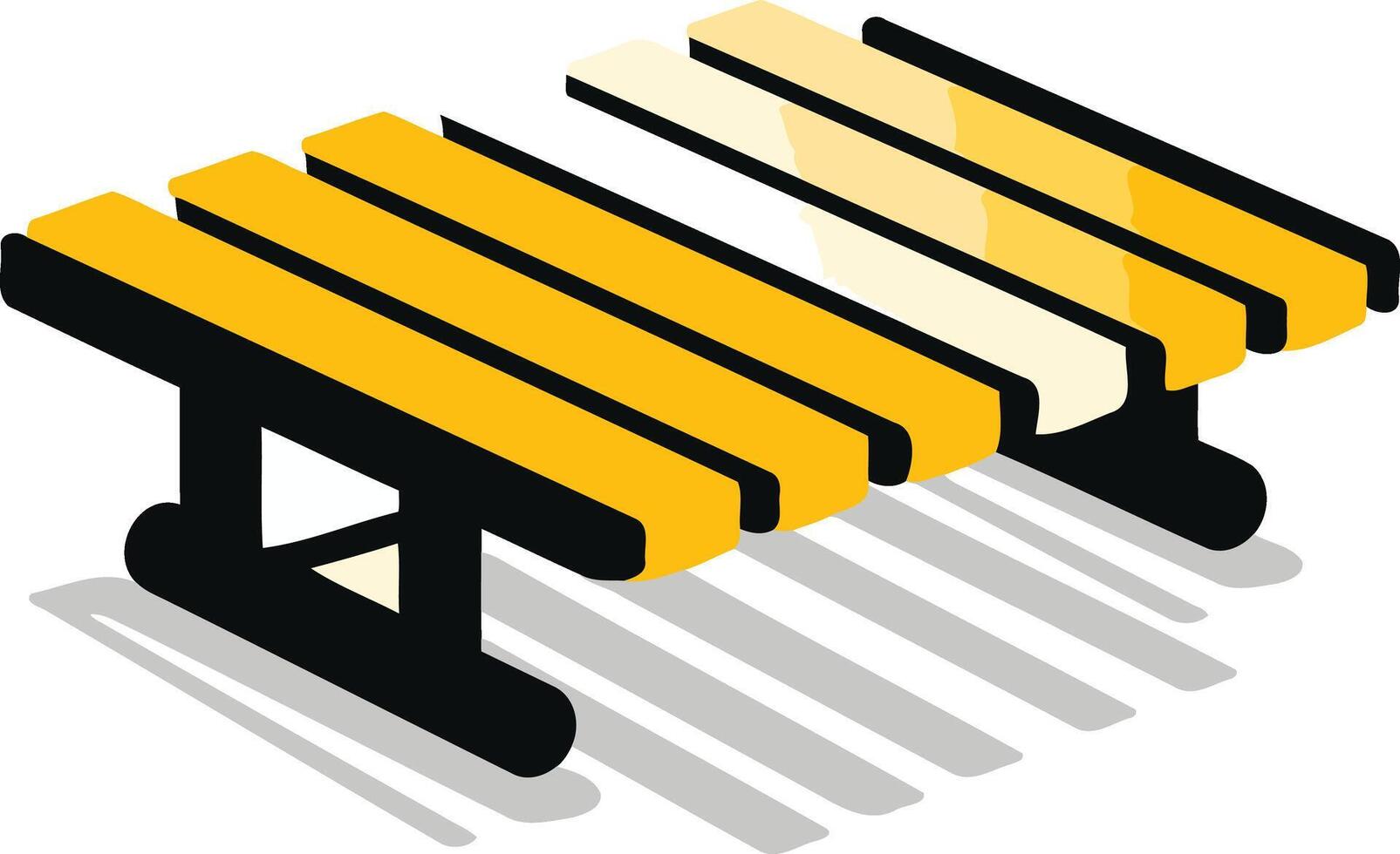 A simple, isometric illustration of a yellow park bench with black legs and a shadow vector