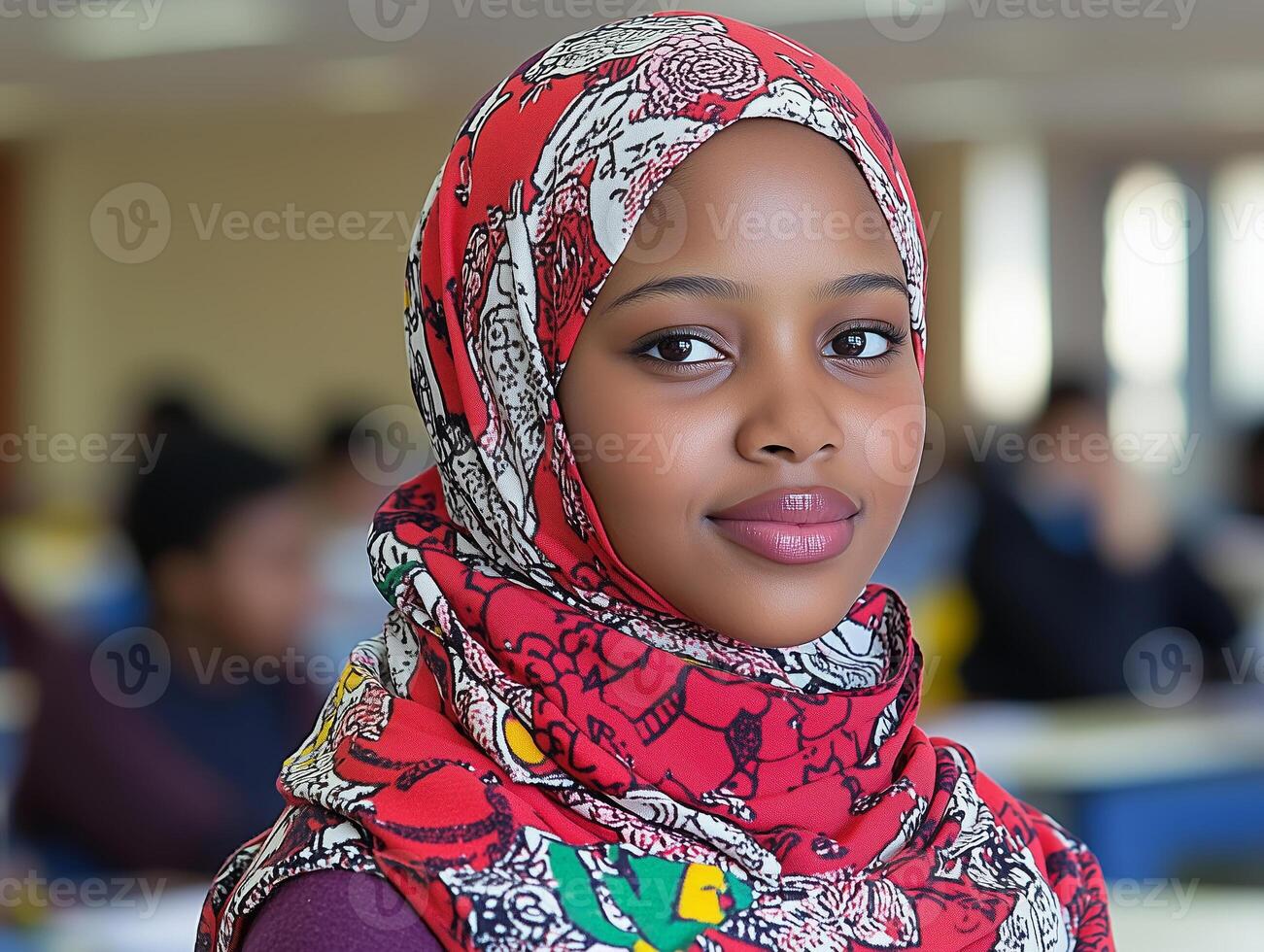 Portrait of a young Muslim woman wearing a vibrant red patterned hijab in a classroom setting. Confident expression with soft smile, embodying diversity in education photo