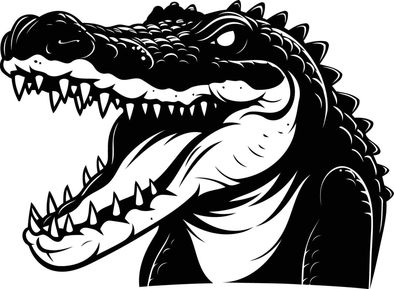 A powerful black and white illustration of a crocodile's head with its jaws open in a menacing growl vector