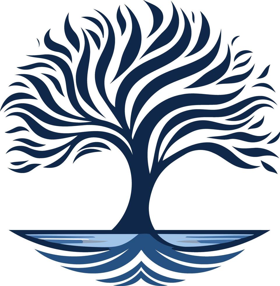 A stylized tree with roots in water, symbolizing growth, connection, and resilience vector