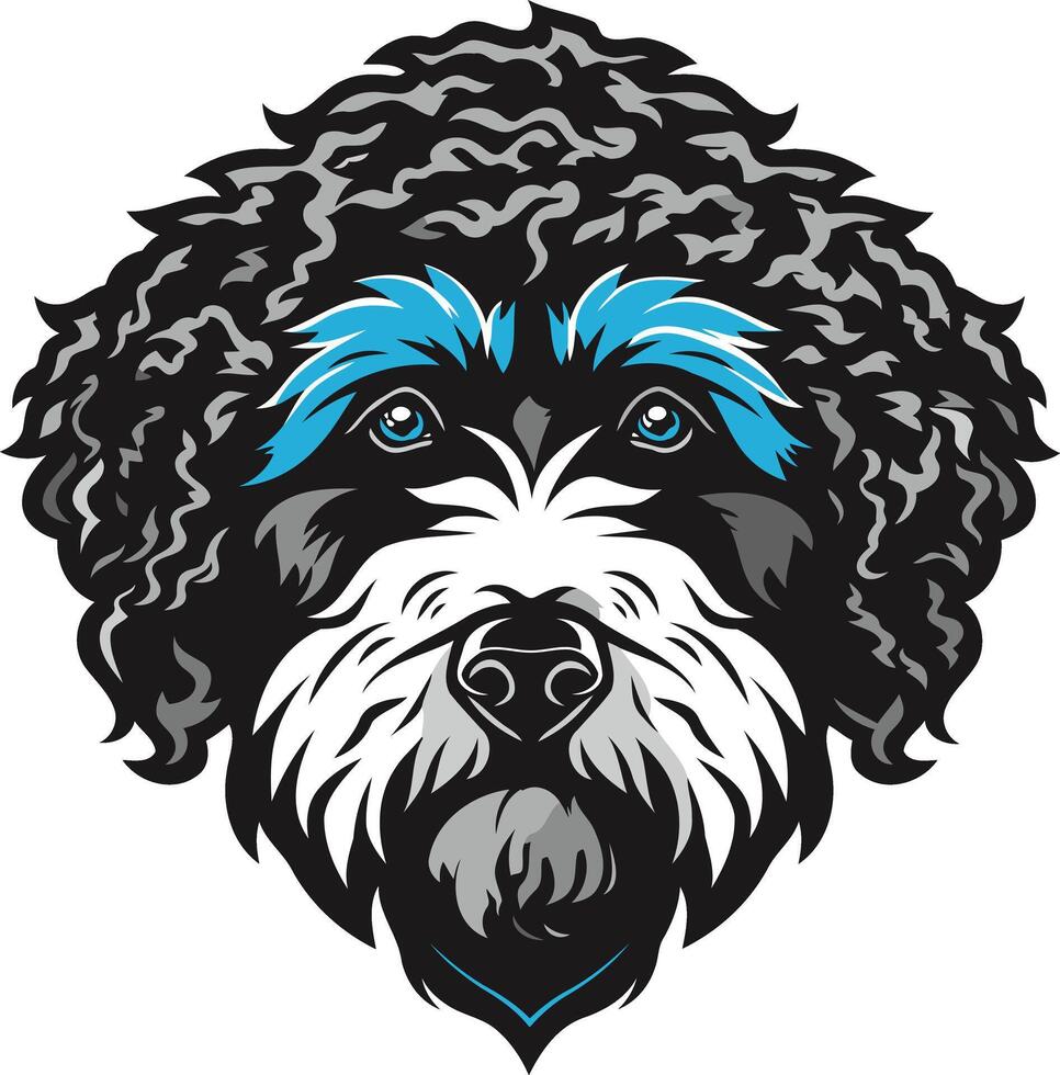A cute, cartoon style illustration of a black and white dog's head, featuring a whimsical blue accent over its eyes vector
