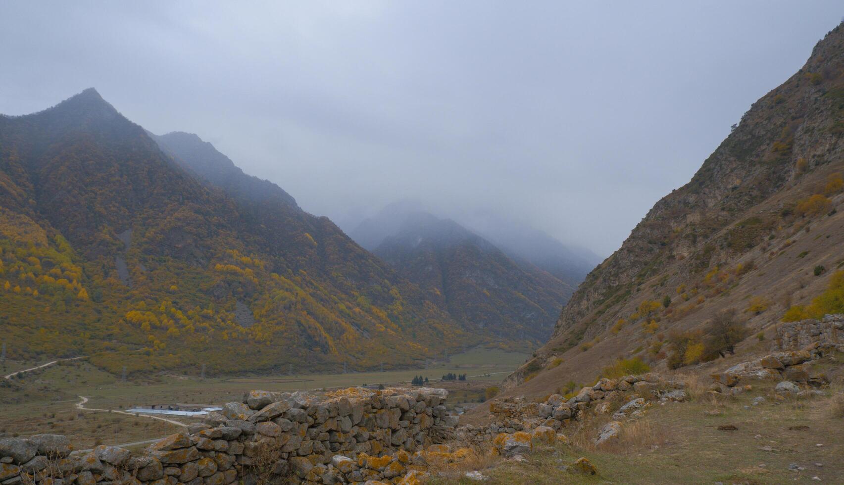 Seasonal autumn landscape in the Caucasus Mountains of Russia. Cloudy day with yellow trees and mountains behind. Popular travel destination in autumn photo