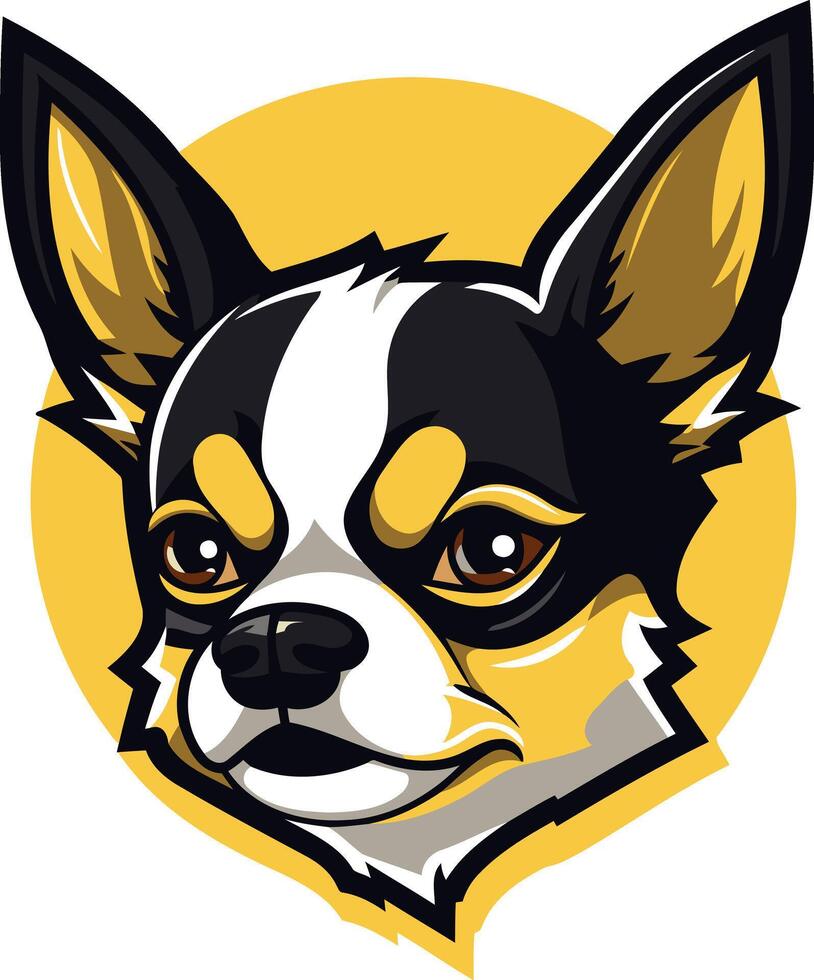 A cartoon illustration of a cute, sassy chihuahua with black and white fur and a yellow sunburst behind it vector