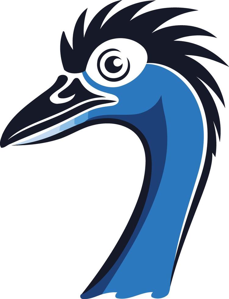 A bold, stylized illustration of an emu head, featuring a striking blue neck and a black feathered crest vector