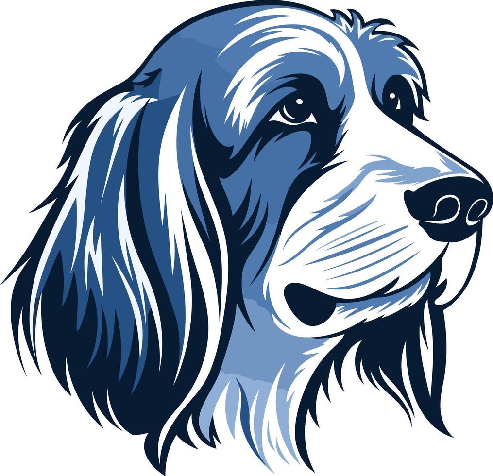 A striking element illustration of a dog's head, rendered in a bold blue and white color scheme vector