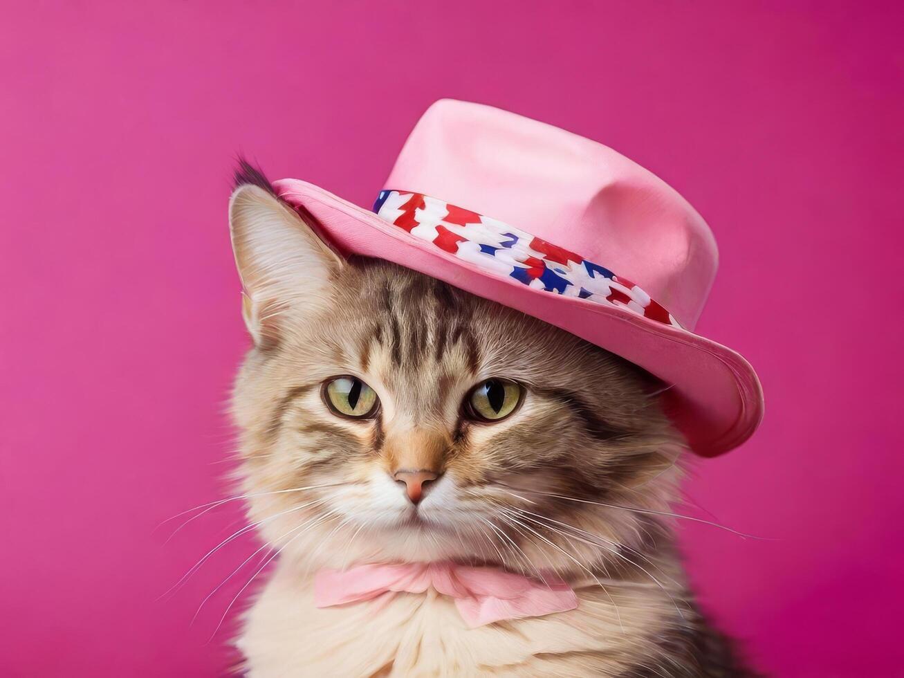 Glamorous cat wearing a hat in the color of the US flag on a pink background. photo