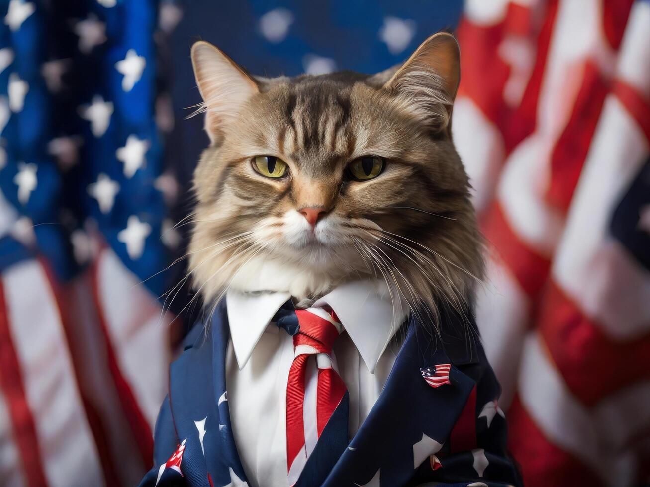 Serious cat in a suit against the background of the US flag. US Independence Day photo