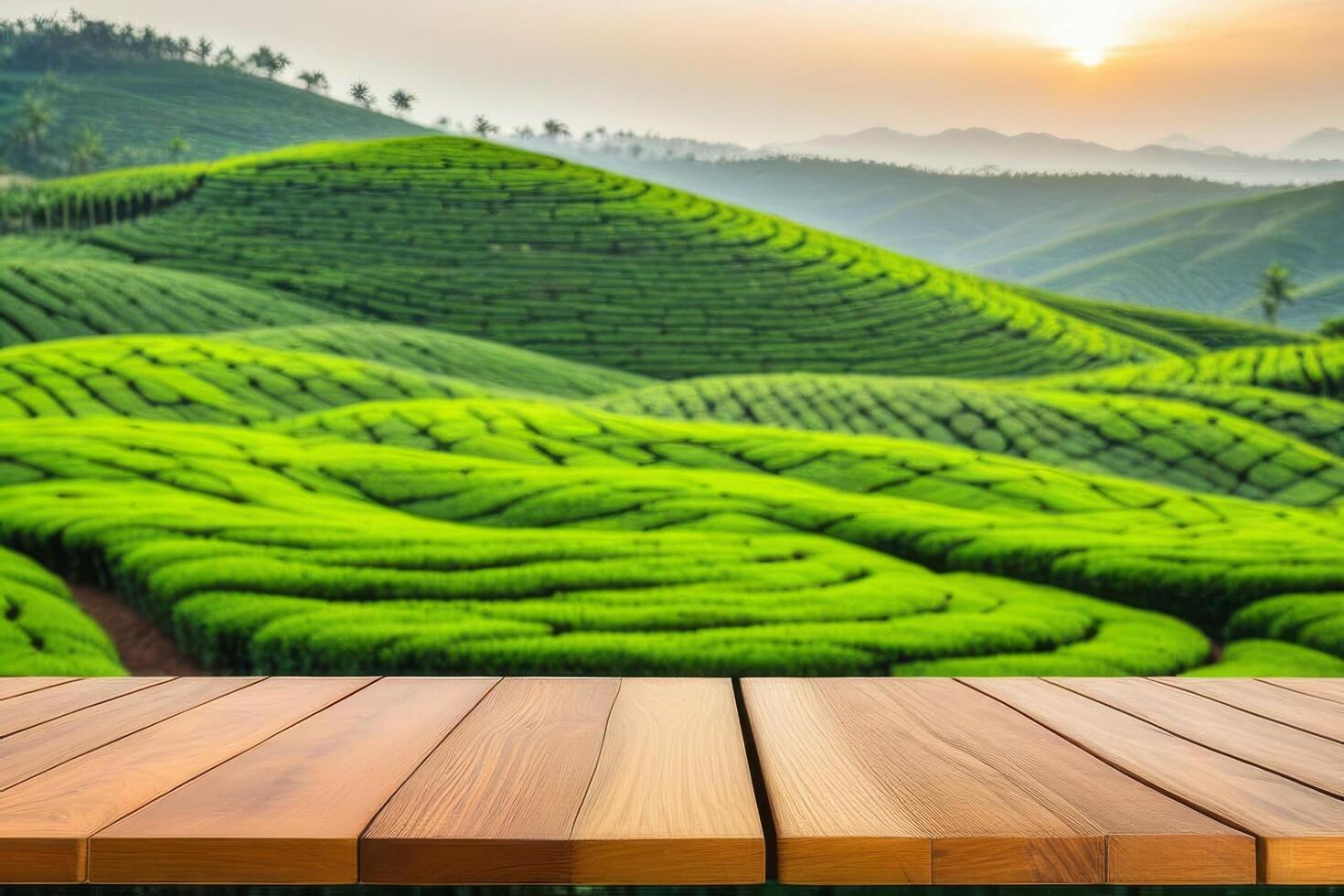 The empty wooden table top with blur background of tea plantation. Exuberant image photo