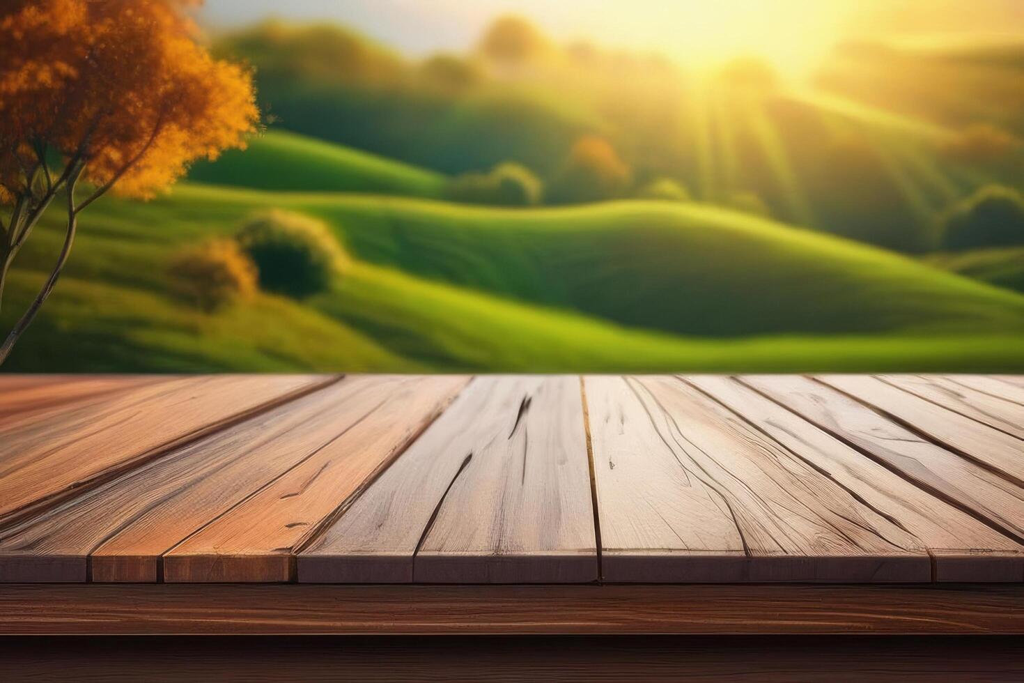 The empty wooden table top with blur background of tea plantation. Exuberant image photo
