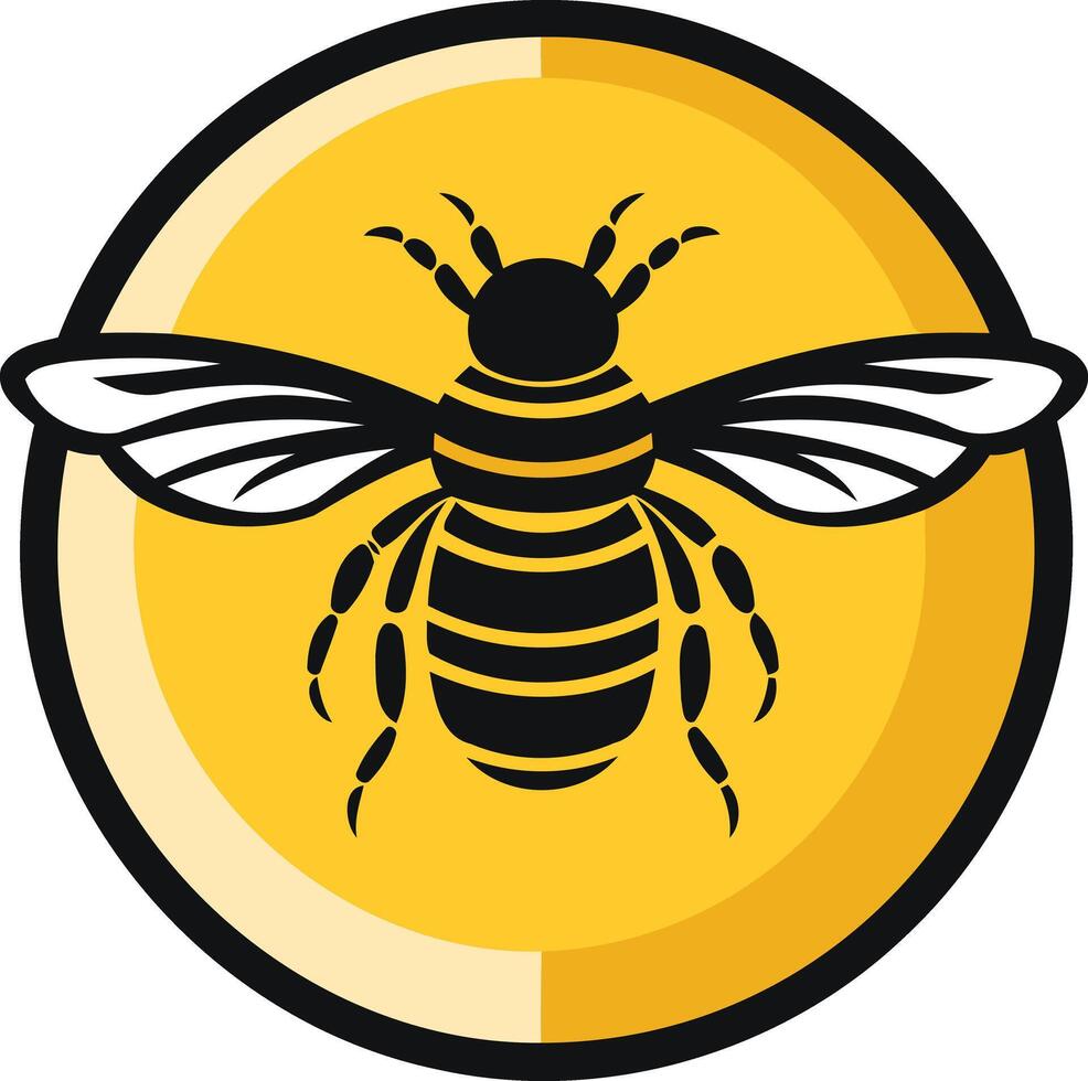 A bold, illustration of a bee silhouetted against a yellow circle vector