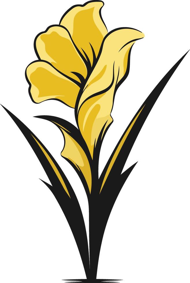 A simple, stylish illustration of a single yellow flower with black stems and leaves vector