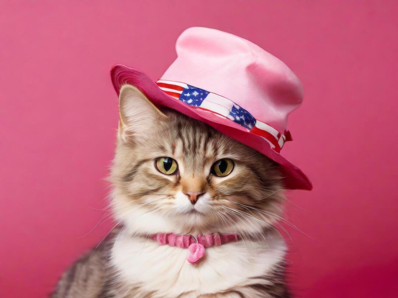 Glamorous cat wearing a hat in the color of the US flag on a pink background. photo