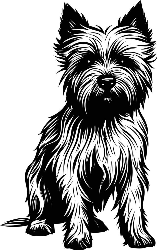 A striking silhouette of a cairn terrier, captured in a classic black and white style vector