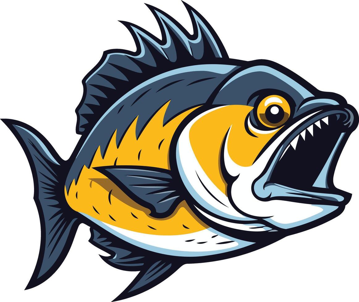 A fierce, cartoon-style fish with a wide open mouth, perfect for logos, t-shirts, and other designs vector
