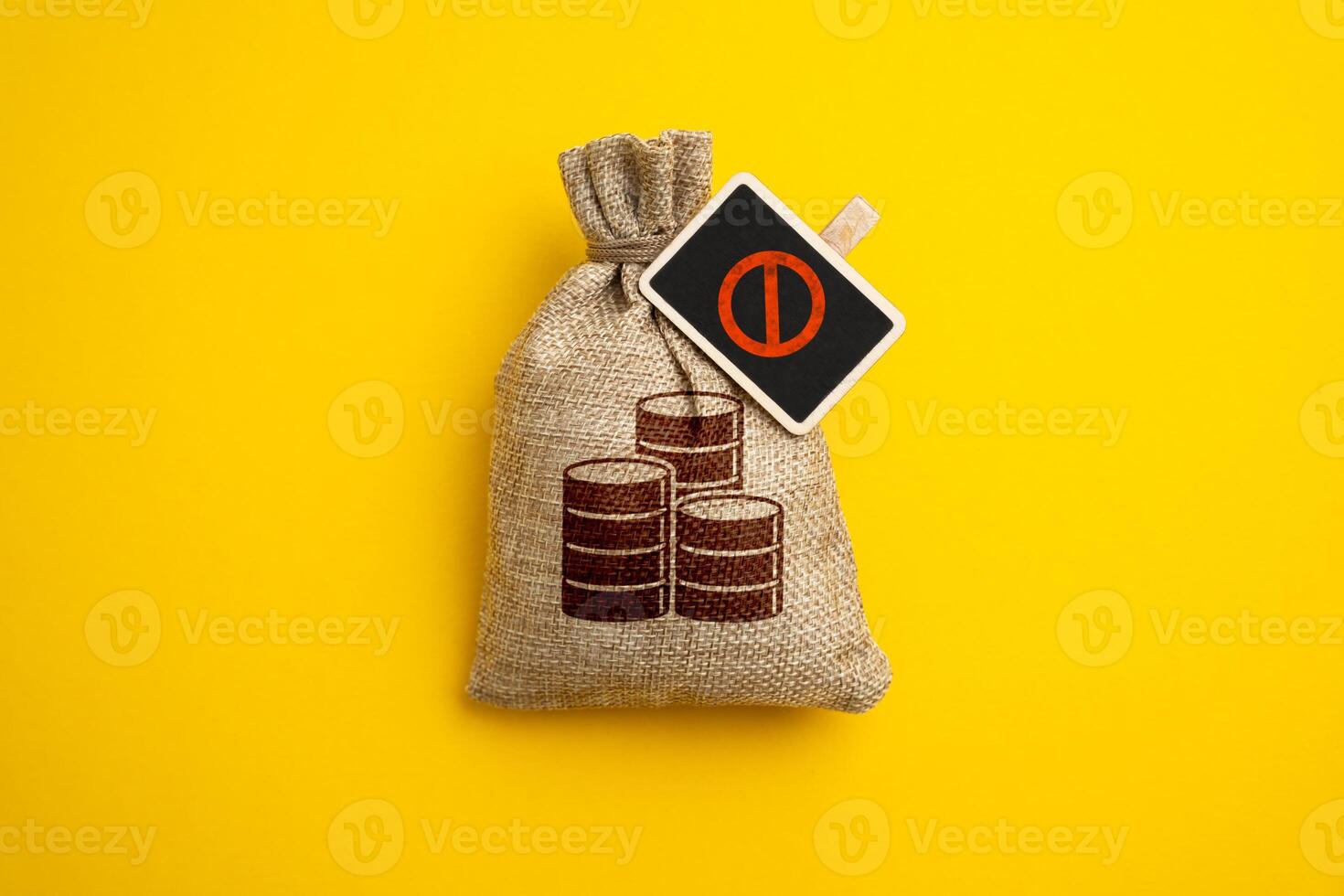 Money bag and NO sign. Freezing money. Blocking the account. Seizure of assets. Insolvency. Lack of funds. Restrictions and sanctions. photo
