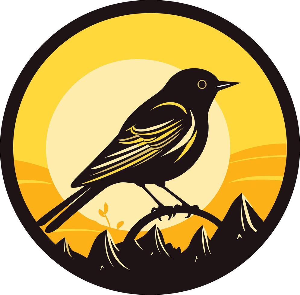 A minimalist silhouette of a bird perched on a branch, set against a yellow sun and mountains, ideal for branding, logos, or nature-inspired designs vector