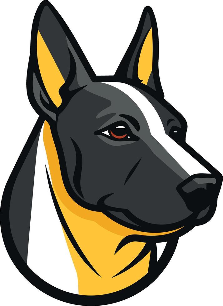 A bold and friendly illustration of a black and white bull terrier with yellow accents, perfect for pet-related businesses, brands, or designs vector