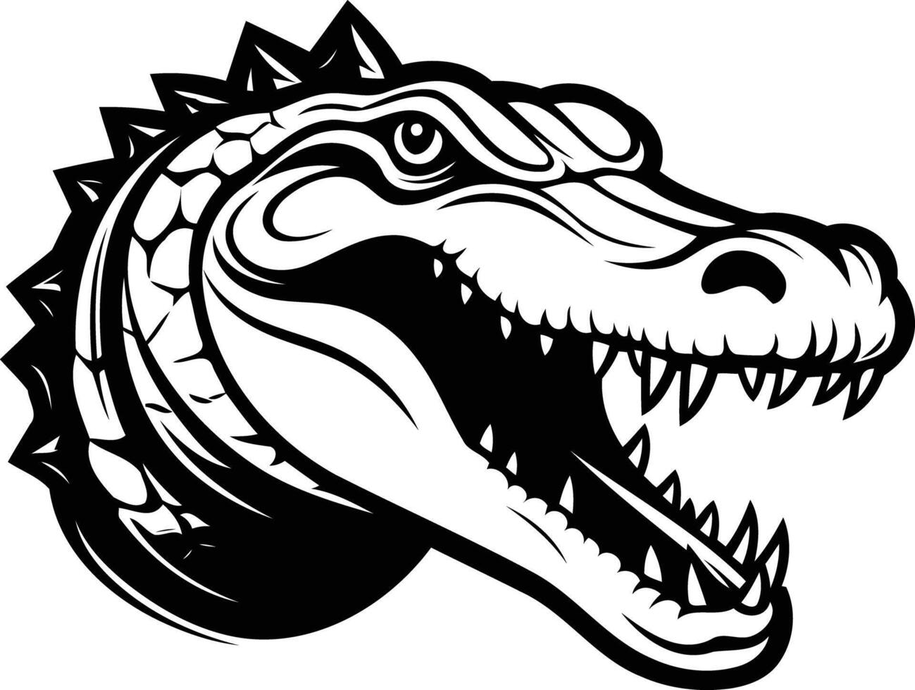A fierce, black and white illustration of a snarling alligator head, perfect for branding, logos, or graphic design projects vector