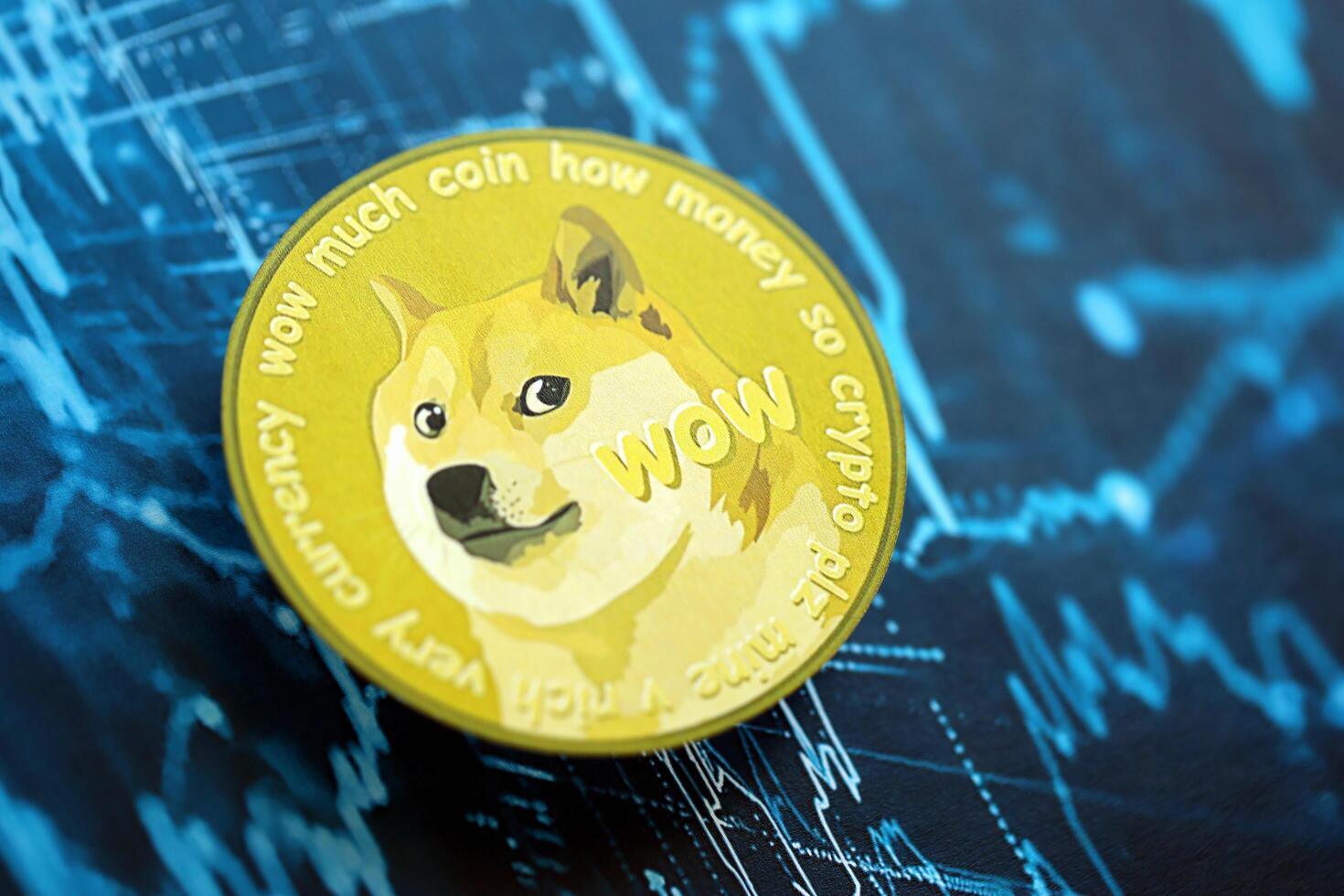 KYIV, UKRAINE - AUGUST 17, 2024 DOGE Meme coin on abstract fictional cryptocurrency trading chart in blue color photo