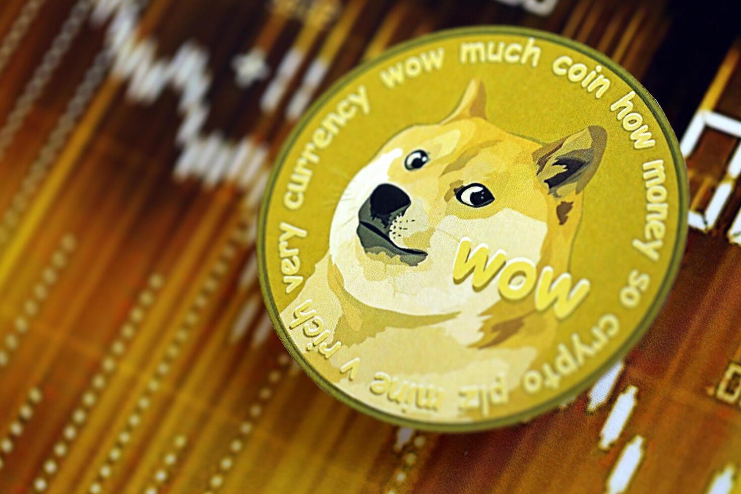 KYIV, UKRAINE - AUGUST 17, 2024 DOGE Meme coin on dark cryptocurrency digital trading chart in golden yellow colors photo