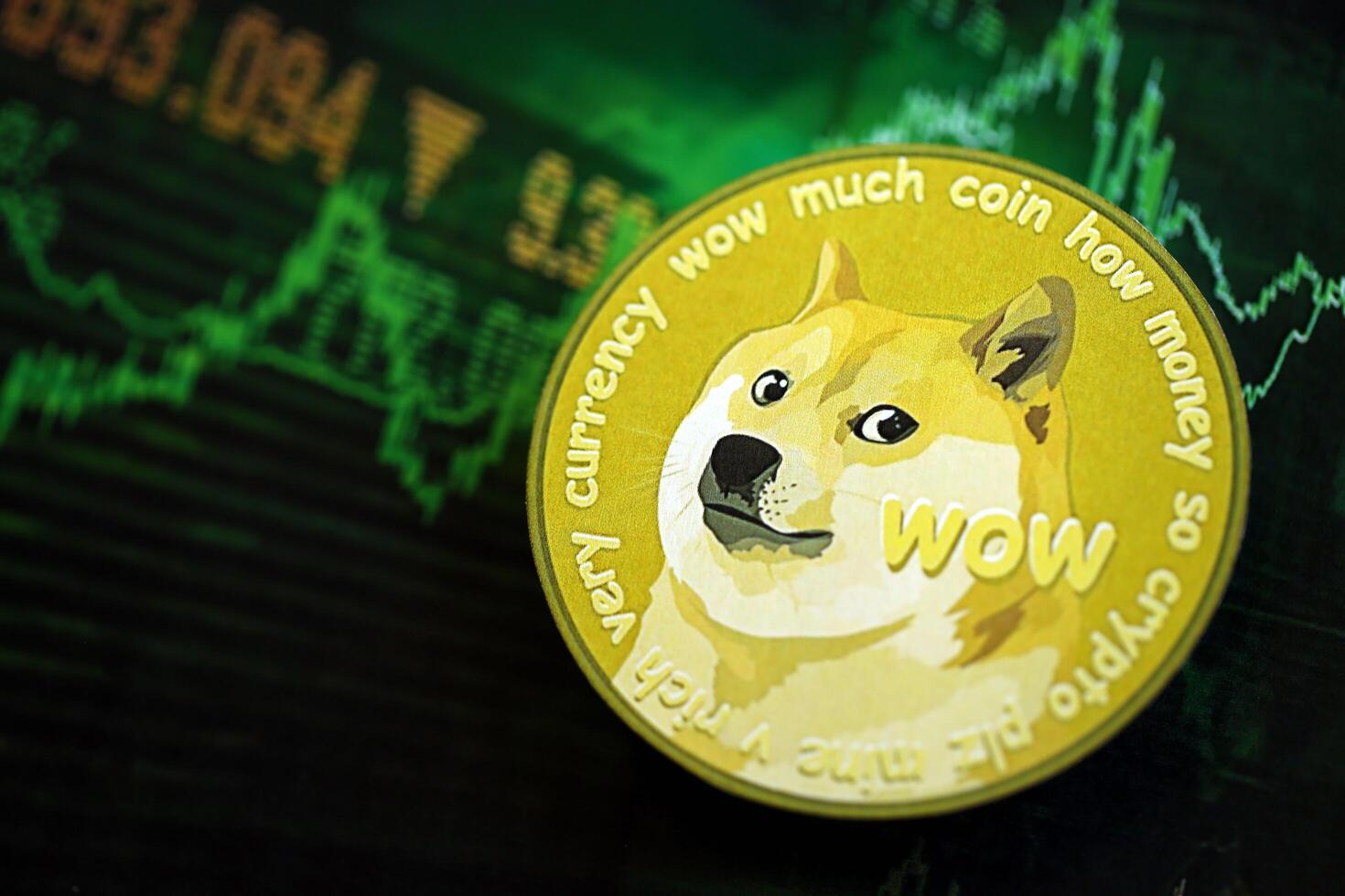 KYIV, UKRAINE - AUGUST 17, 2024 DOGE Meme coin on dark cryptocurrency digital trading chart in green colors photo