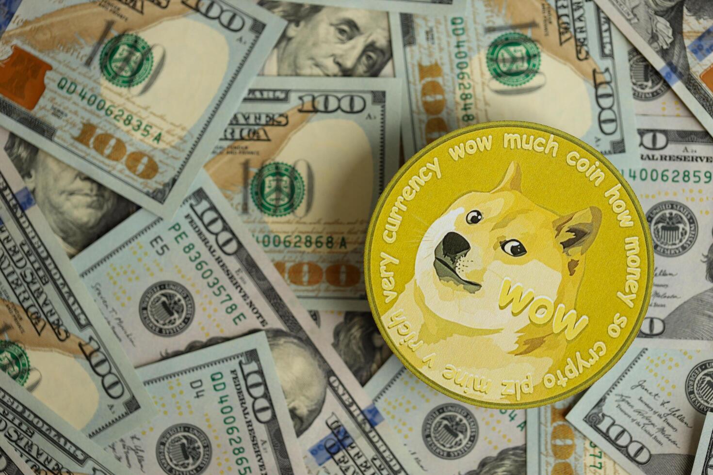 KYIV, UKRAINE - AUGUST 17, 2024 DOGE Meme coin on big amount of hundred US dollar bills photo