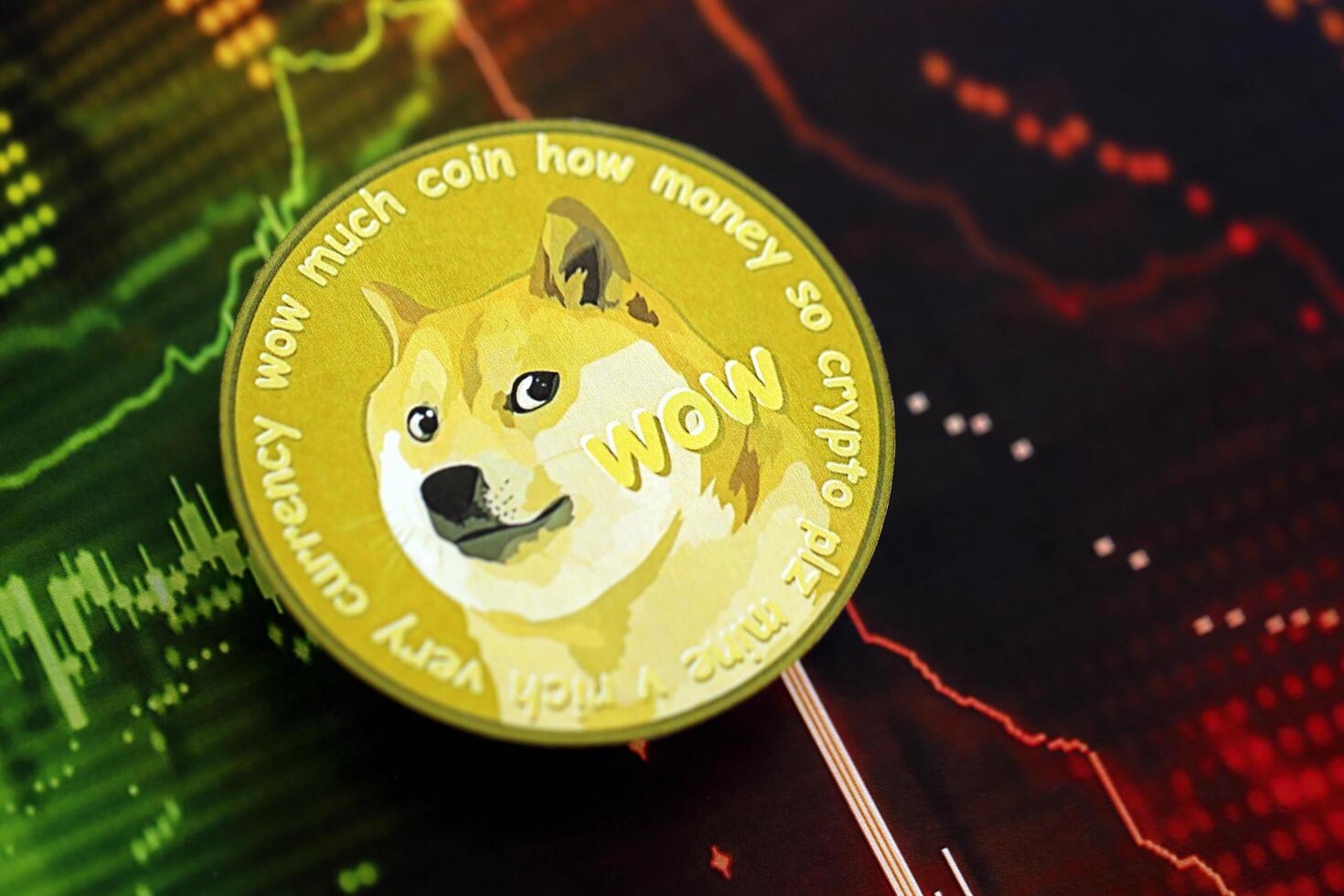 KYIV, UKRAINE - AUGUST 17, 2024 DOGE Meme coin on dark cryptocurrency digital trading chart in green and red colors photo