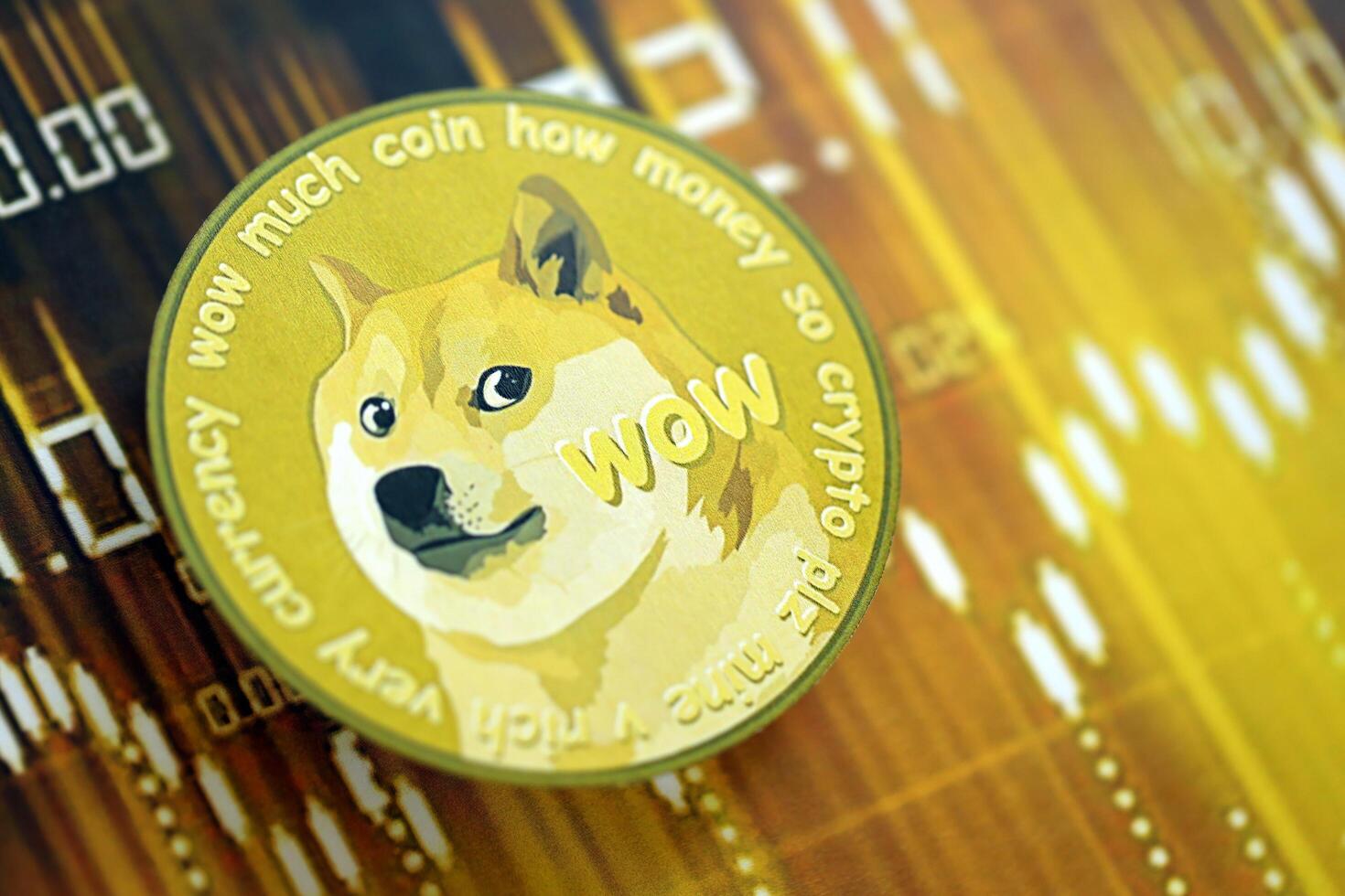 KYIV, UKRAINE - AUGUST 17, 2024 DOGE Meme coin on dark cryptocurrency digital trading chart in golden yellow colors photo