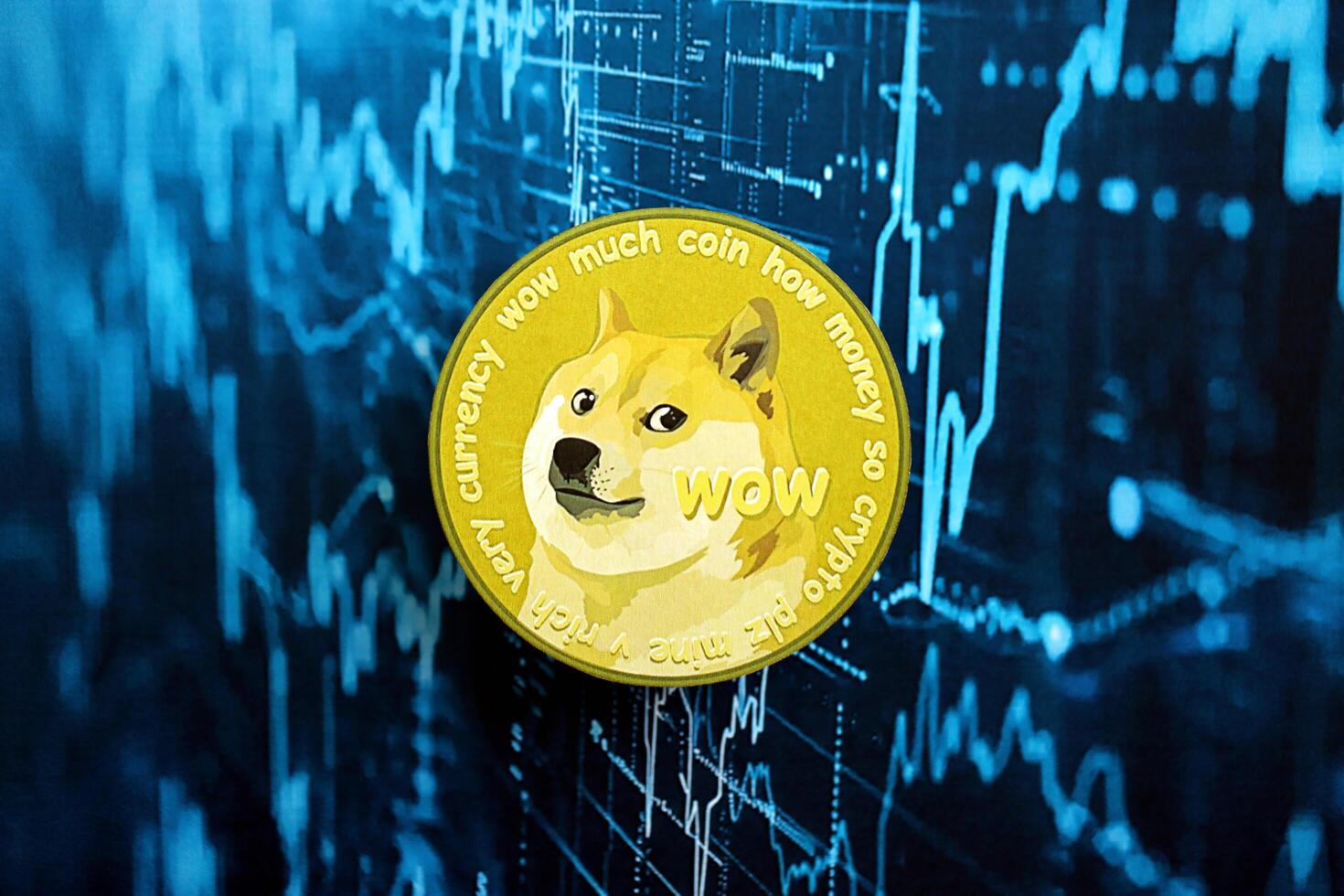 KYIV, UKRAINE - AUGUST 17, 2024 DOGE Meme coin on abstract fictional cryptocurrency trading chart in blue color photo