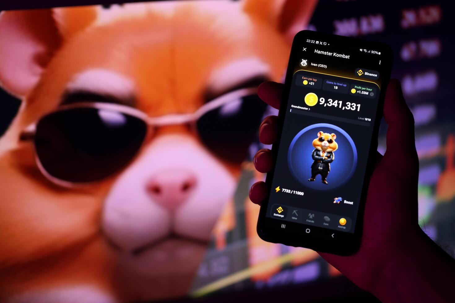 KYIV, UKRAINE - APRIL 20, 2024 Hamster Kombat telegram bot on smartphone screen. Hamster Kombat is a viral Telegram-based crypto game for earn HMSTR tokens by managing virtual crypto exchange photo