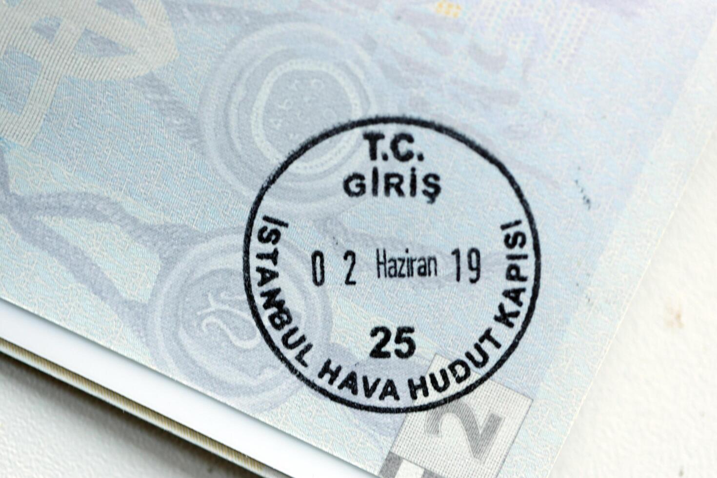 KYIV, UKRAINE - APRIL 20, 2024 Page of foreign passport with visas, Turkiye border stamps, permits to enter countries, concept of traveling around the world, travelers document photo