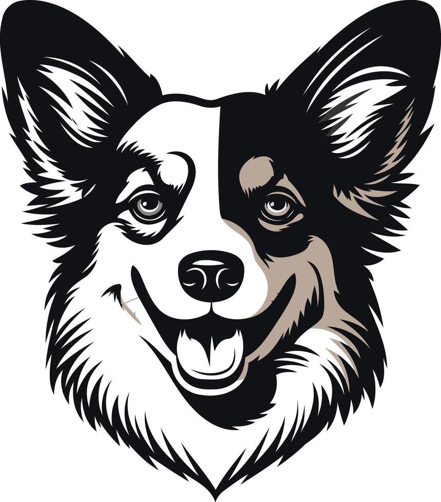 A cute, black and white, smiling dog head illustration, perfect for pet-related projects, websites, and social media vector