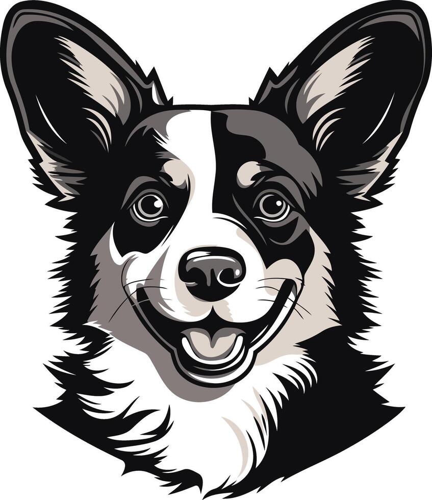 A cute, friendly black and white corgi dog smiles for the camera in this illustration vector