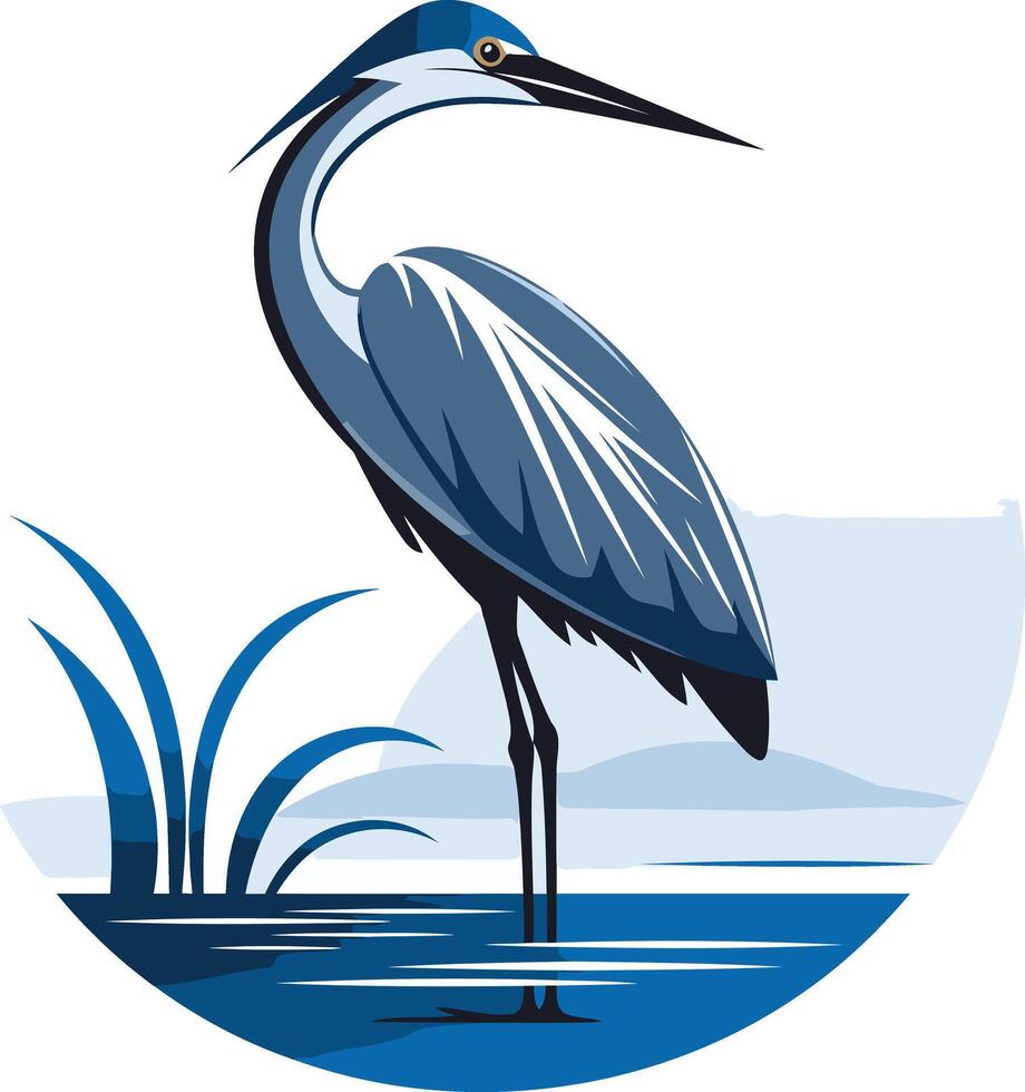 Blue Heron Standing in Water with Reeds vector