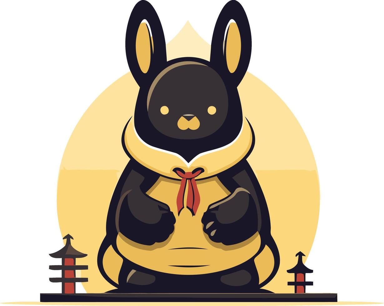 Black Rabbit in a Yellow Kimono with Red Ribbon vector