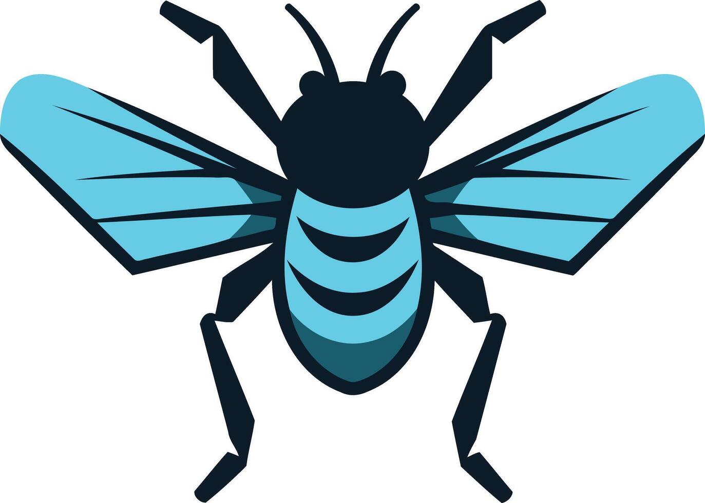 A bold, flat style illustration of a bee in blue and black vector