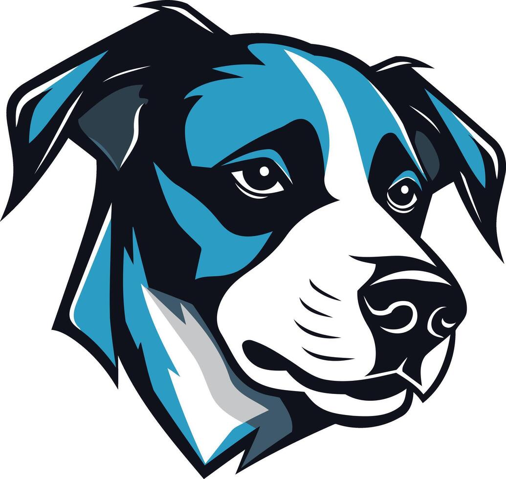 A bold, graphic illustration of a dog's head, featuring a blue and white color scheme vector