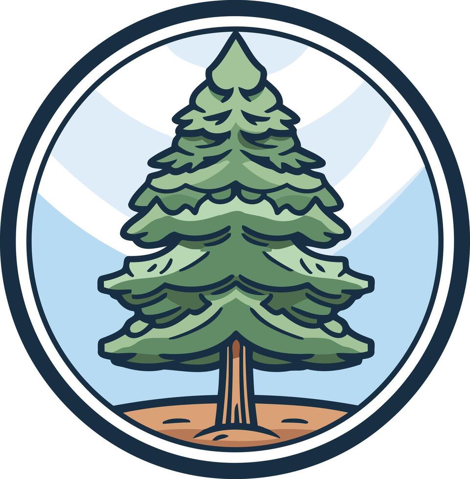 A cartoon-style evergreen tree, encased within a white circular frame, against a soft blue background vector