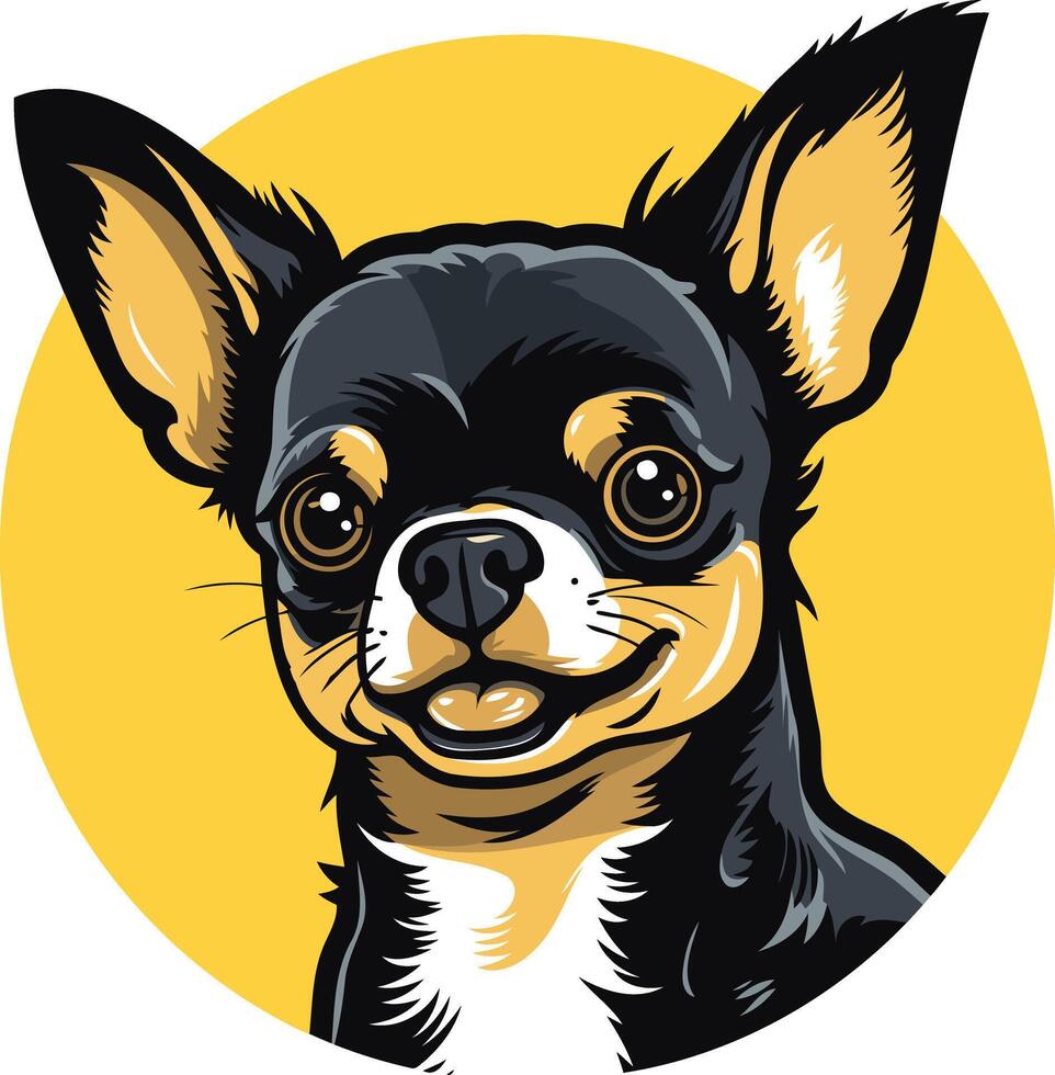 A cute cartoon illustration of a black and tan chihuahua with big, expressive eyes vector