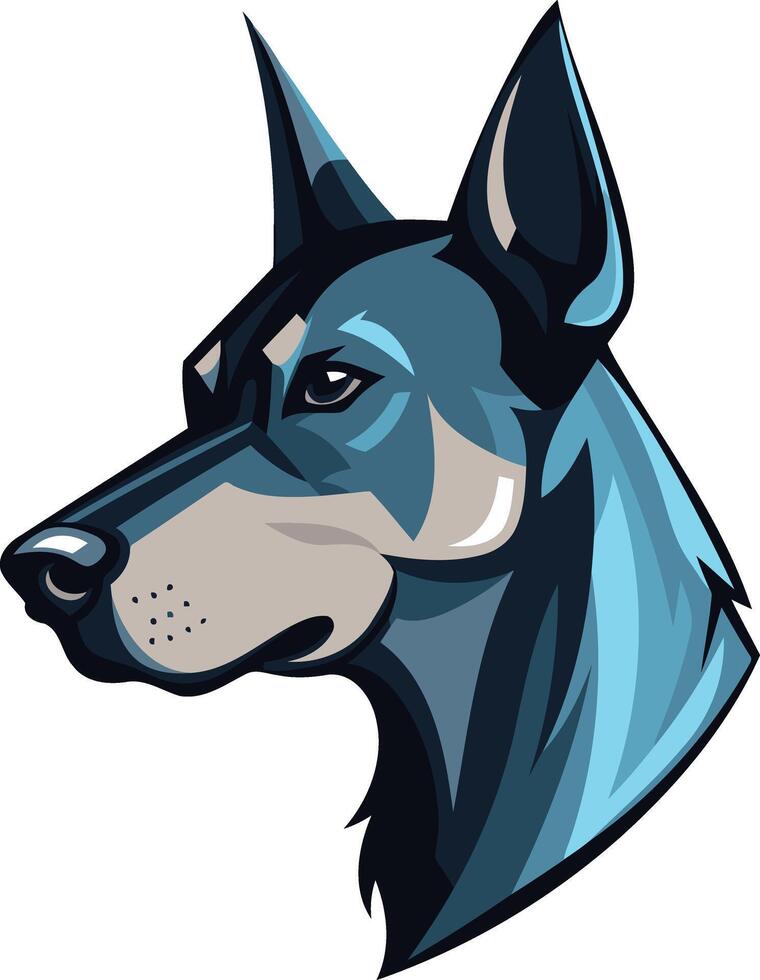 A striking illustration of a doberman pinscher head, rendered in a bold blue and gray color scheme vector