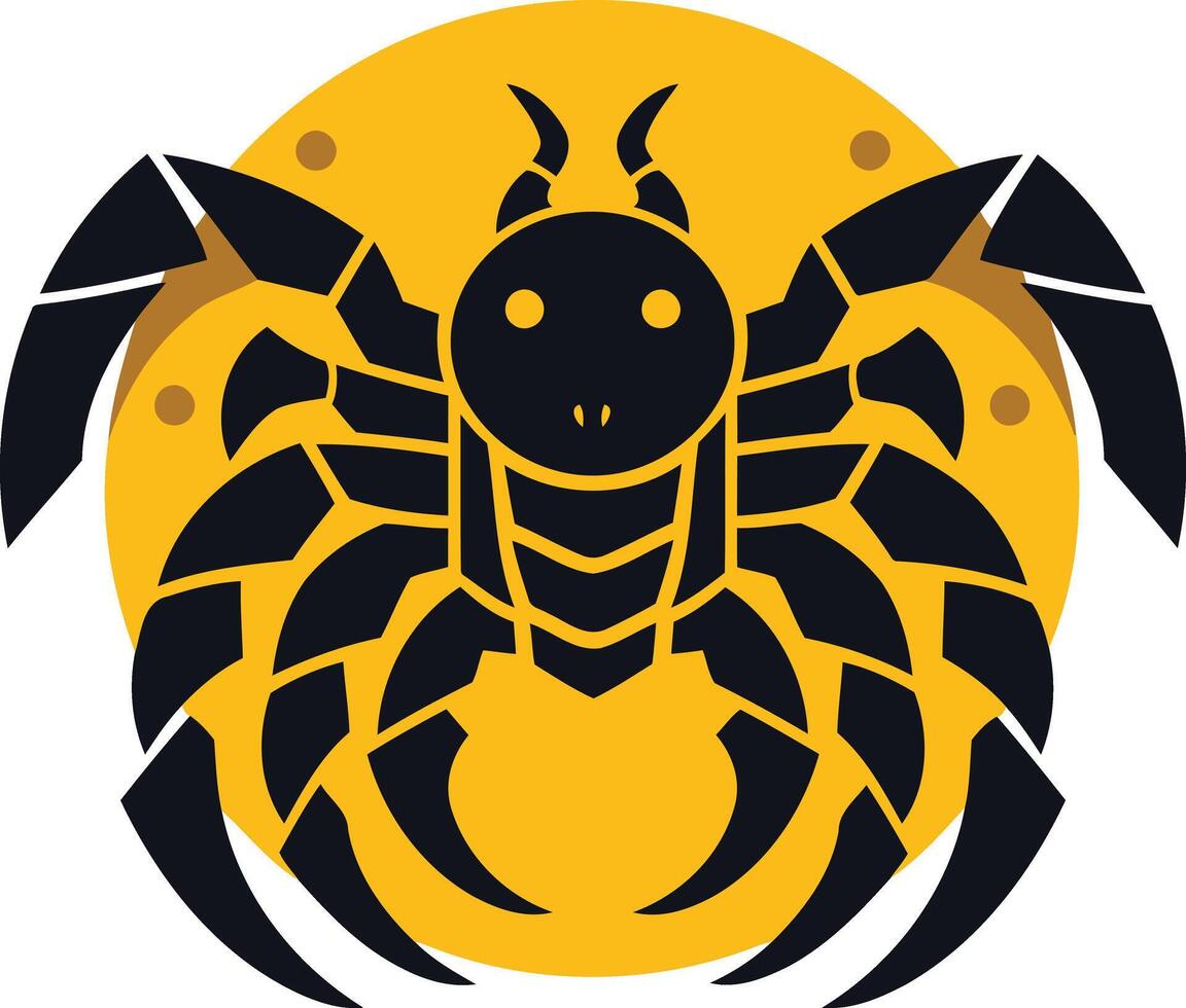 A bold, graphic illustration of a black spider silhouette on a yellow circle vector